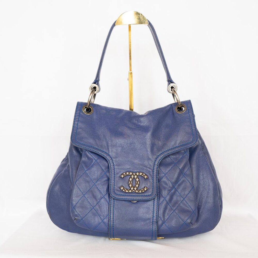 Chanel Blue Leather Coco Rider Flap Shoulder Bag w Logo